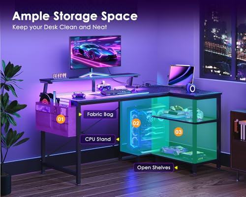 ODK 40 Inch L Shaped Gaming Desk with LED Lights, Power Outlets, Black - size: 40 Inch