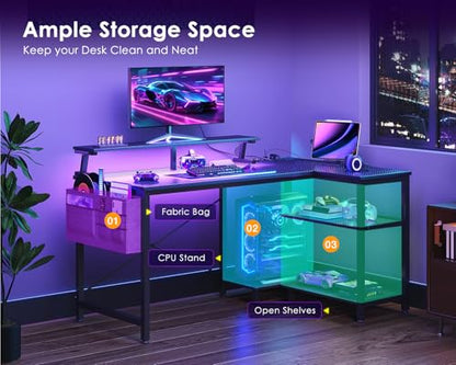 ODK 40 Inch L Shaped Gaming Desk with LED Lights, Power Outlets, Black - size: 40 Inch