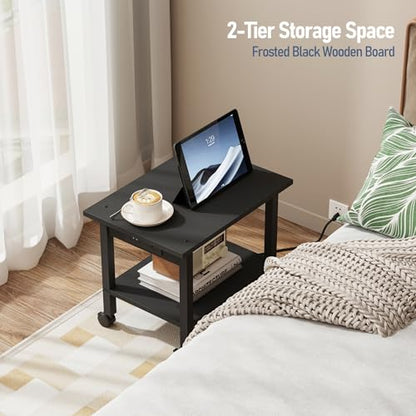 TUTOTAK Printer Stand, 2 Tier Rolling Printer Cart with Charging Station | Small Under Desk Printer Table with Wheels for Small Space, Office, Home, Black PS01BK001P - color: Black, size: 2 tier(18.9 x 11.8 x 15.4inchs)