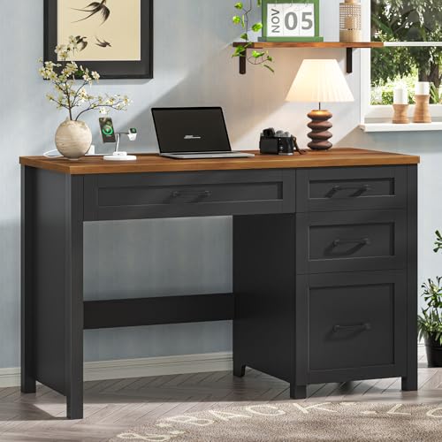 Farmhouse 47" Executive Desk, Computer Desk with File Drawer, Black Brown | Workstation, Charging Station, for Study, Home Office - color: Black Brown, size: with Charging Station