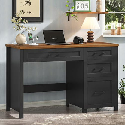 Farmhouse 47" Executive Desk, Computer Desk with File Drawer, Black Brown - color: Black Brown, size: Right Mounted