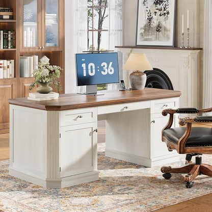 59" Classic Executive Desk with Storage, Victorian Executive Desk with Charging Station, Keyboard Tray, 3 Drawers & Cabinet Storage & Pedestal, Easy Assembly, White - color: White