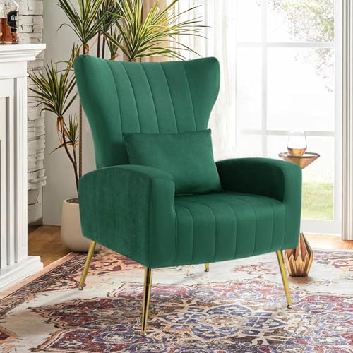 Modern Velvet Accent Chair for Living Room Bedroom, Wingback Chair with Arm & Gold Legs, Guest Reception Side Chair with Lumbar Pillow, Channel Tufted, Green - color: Green, size: 1PC with Channel Tufted