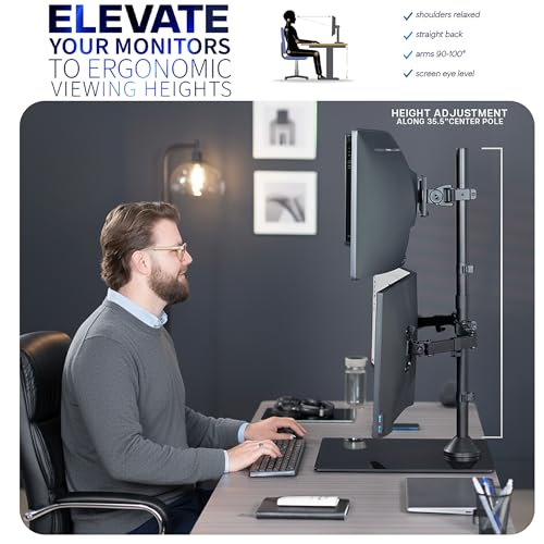 VIVO Triple Monitor Extra Tall Desk Stand for up to 49 inch Ultrawides on Center Bracket and 27 inch Screens on Side Brackets, Holds up to 44 lbs, Tempered Glass Base, Black, STAND-V103T-GB