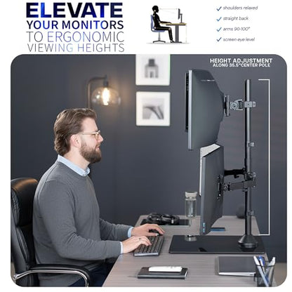 VIVO Triple Monitor Extra Tall Desk Stand for up to 49 inch Ultrawides on Center Bracket and 27 inch Screens on Side Brackets, Holds up to 44 lbs, Tempered Glass Base, Black, STAND-V103T-GB
