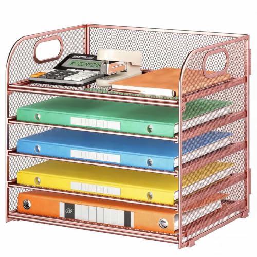 5 Tray Paper Organizer Letter Tray with Handle - Mesh Desk File Organizer, Paper Sorter Organizer for Office, Home or School File Folder Holder - Rose Gold - color: 5 Tier - Rose Gold, size: 12.6" x 9.1" x 11.5"