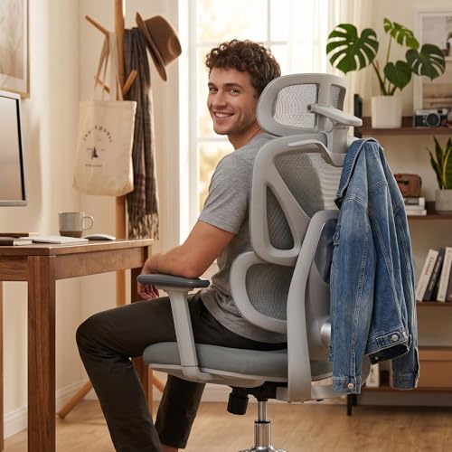 Ergonomic Mesh Office Chair, Desk Chairs with Adjustable Lumbar Support, 4D Flip-up Arms & 3D Headrest, Comfy High Back Breathable Mesh Computer Chair for Home Office, 400lbs (Grey) - color: Grey