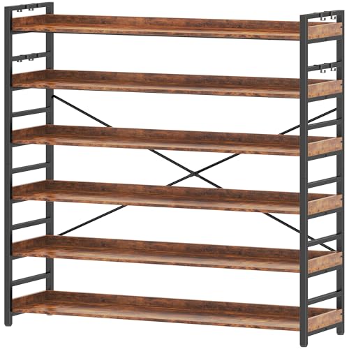 HCHQHS 6 Tier Bookshelf, Adjustable Industrial Bookcase, Vertical Tall Book Shelf, Wood and Black Metal Open Bookshelves for Home Office, Living Room, Bedroom - color: Rustic Brown, size: 6-Tier (47"W x 70"H)