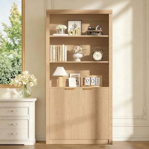 Modern Tall Book Shelf and Bookcase, 31.5"Wide Bookshelf with Doors, Farmhouse Book Case with Adjustable Top Shelf, Wood Storage Cabinet with 5 Tier Display Shelves for Home Office, Living Room,Oak | Farmhouse Book Case with Storage, Wood Storage Cabinet