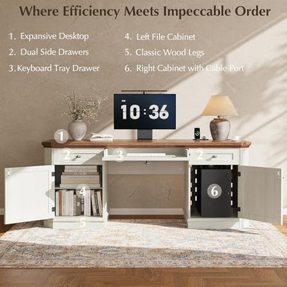 59" Classic Executive Desk with Storage, Victorian Executive Desk with Charging Station, Keyboard Tray, 3 Drawers & Cabinet Storage & Pedestal, Easy Assembly, White - color: White