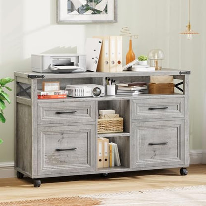 Halitaa Farmhouse Filing Cabinet with Adjustable Shelf & Wheels, Grey - color: Grey, size: 4 Drawers&Wheels
