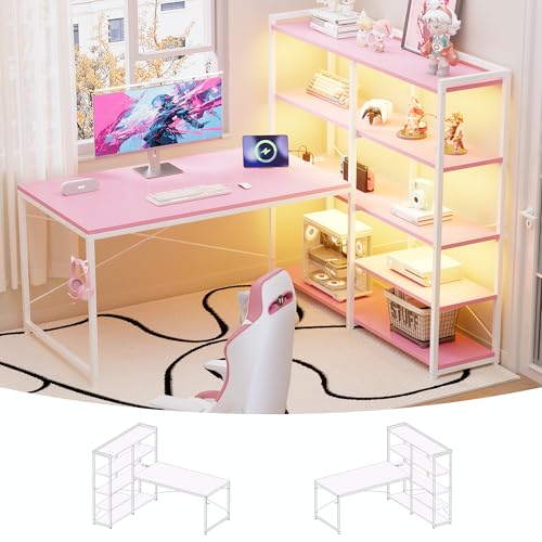 Pamray 49 Inch L Shaped Gaming Computer Desk with Shelves and Storage | Compact Reversible Design with LED Lights & Power Outlets, Suitable for Home Office Bedroom Small Spaces and Dorm Study Work - color: Pink
