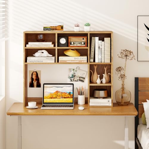 LDAILY Desktop Bookshelf, 37’’ Wood Desk Shelf with 7 Cubes & 3 Adjustable Shelves, 3-Tier Desk Display Rack, Desk Hutch for Dorm College Office Computer Monitor Up to 27’’ (Natural, 7 Shelves) - color: Natural, size: 7 Shelves