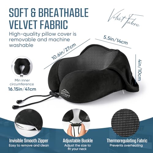 SkytraxComf® Travel Neck Pillow with Hood for Privacy on Long Flights | Memory Foam | Airplane Sleep | Safety-Tested Materials | Extra Large Hood | Chin Support | Earplugs | Washable Cover - color: Black
