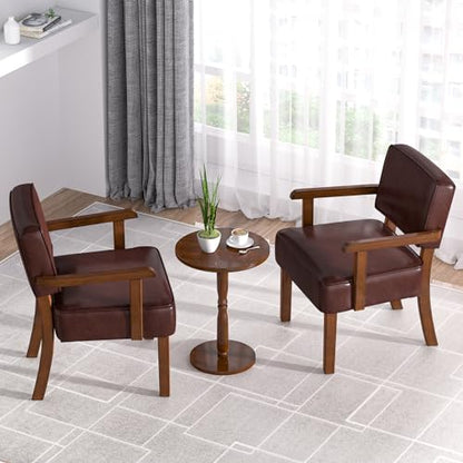 FAGAGA Accent Chairs Set of 2, 2 Solid Wood Armchairs with Table - color: Faux Leather Cherry, size: One Set