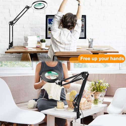 10X Magnifying Glass with Light and Stand, Magnifier with Light Hands Free, 3 Color Modes 10 Level Dimmable, Magnifying Real Glass LED Desk Lamp for Close Work, Repair, Reading, Craft, Black - color: Black