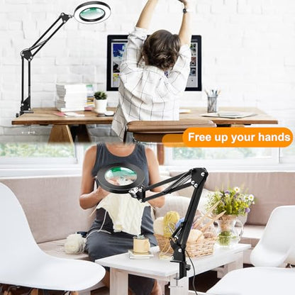 10X Magnifying Glass with Light and Stand, Magnifier with Light Hands Free, 3 Color Modes 10 Level Dimmable, Magnifying Real Glass LED Desk Lamp for Close Work, Repair, Reading, Craft, Black - color: Black