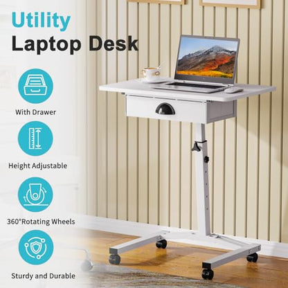 Rolling Adjustable Height Computer Desk With Drawers, Small Mobile Laptop Desk Cart On Wheels For Small Spaces Home Office, Portable Sitting Laptop Table For Bed Couch Load Up To 60LBS, Sturdy, White - color: White