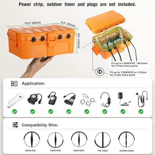 Flemoon Large Outdoor Electrical Box, Waterproof Extension Cord Cover | Inner Size 12 x 7.4 x 3.9Inch, 6 Cable Entry Ports, IP54 Weatherproof Connection Box for Outlet, Timer, Holiday Light, Orange - color: Orange, size: Large