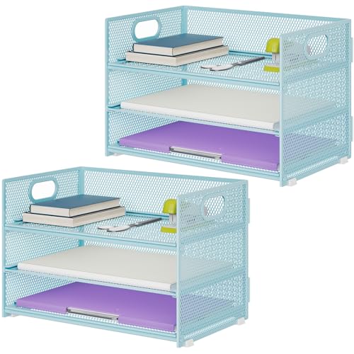 Marbrasse 3 Tier Paper Organizer Letter Tray, Mesh File Organizer with Handle, Paper Sorter Desk Organizer for Home Office Supplies - 2p Blue - color: Blue - 2p