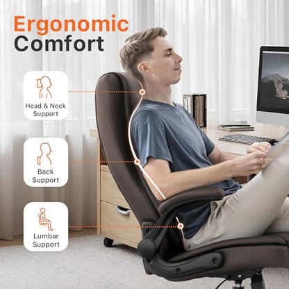 NEO CHAIR Office Desk Chair, High Back PU Leather with Flip-up Arms, Brown - color: Brown