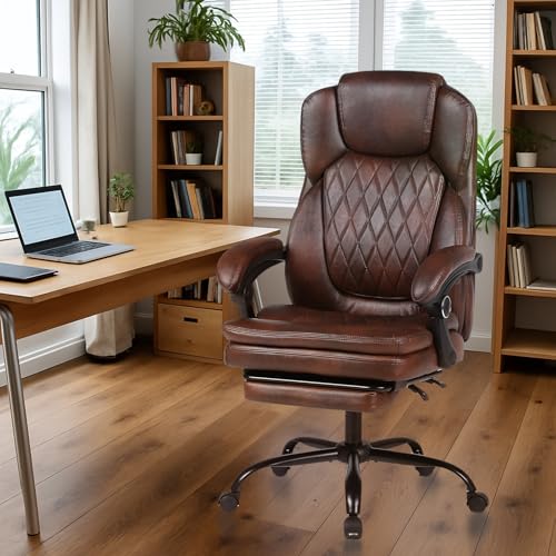 Executive Office Chair, Ergonomic Big and Tall PU Leather Desk Chair with Retractable Footrest, High Back Comfy Heavy Duty Computer Chair Adjustable Height