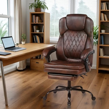 Executive Office Chair, Ergonomic Big and Tall PU Leather Desk Chair with Retractable Footrest, High Back Comfy Heavy Duty Computer Chair Adjustable Height