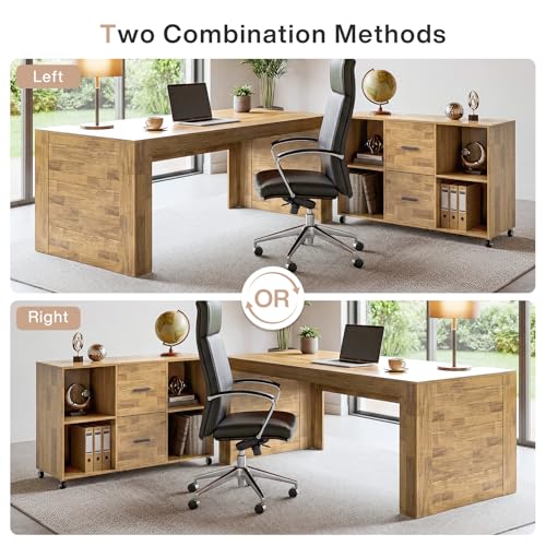 Tribesigns 63" Executive Desk with File Cabinet | L-Shaped Office Desk with Drawers and Storage Shelves, Business Combo Furniture, Computer Desk Set for Home Office, Brown