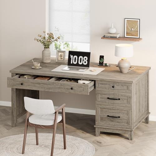 53.5" Farmhouse Home Office Desk with File Cabinet, Wooden Executive Desk with Power Outlet, Work Desk with Drawers, Traditional Wood Desk for Home and Office, Gray - color: Grey