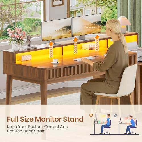 SEDETA Modern Office Desk with 4 Drawers, 59" Fluted Gaming Computer Desk with Storage, LED Lights and Power Strip, Wood Writing Desk Study Table for Home Office, Living Room, Bedroom, Brown - color: Brown