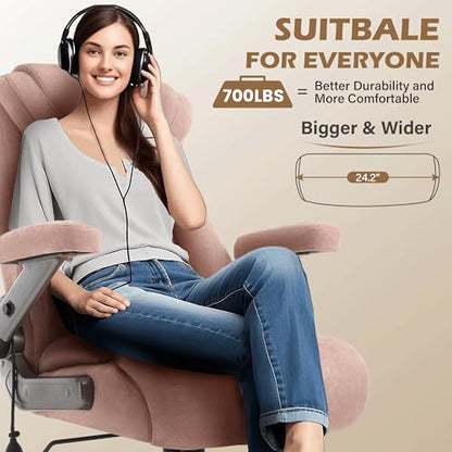 Fabric 700lbs Big and Tall Office Chair, Ergonomic Heavy Duty Executive Cloth Office Chair with 5D Flip Arms & Adjustable Lumbar Support & Dual Rubber Wheel, Large Thick Padded Extra Wide Seat, Pink - color: Pinkcloth