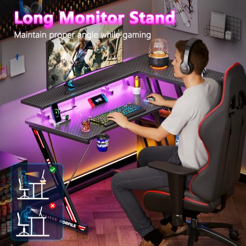 Korfile 40 Inch Gaming Desk with Power Outlet & LED Lights, L Shaped Computer Gaming Table with 3 Tiers Storage Shelves, Corner Gamer Desk with Monitor Stand for Small Space, Carbon Fiber Black | L Shaped Computer Gaming Table, Corner Gamer Table, with 3