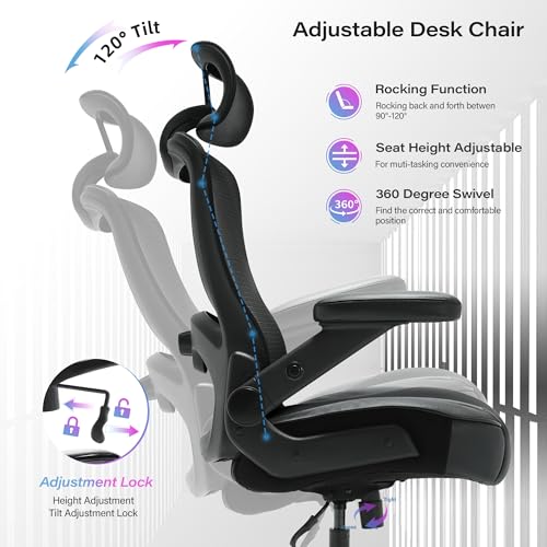 600lbs Big and Tall Office Chair, Heavy Duty Executive Computer Desk Chair | 3D Flip Arms, Large Wheels, Ergonomic Design, Extra Wide Seat, Adjustable Lumbar Support&Headrest, Mesh High Back Chair - color: Black-black Armrests