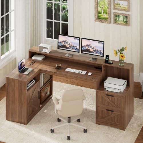 TVU Farmhouse L Shaped Desk with Drawers, 62.2" Home Office Desk with Storage Shelves and Power Outlet, L Shaped Computer Desk with Monitor Stand and Printer Shelf, Brown - color: Brown