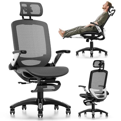 GABRYLLY Ergonomic Office Chair with Footrest, High Back Home Desk Chair - 3D Headrest, Flip-Up Arms, 135° Tilt and Wide Cushion, Heavy Duty Mesh Chairs for Task Computer Gaming, GYB01-FT - color: Obsidian Black