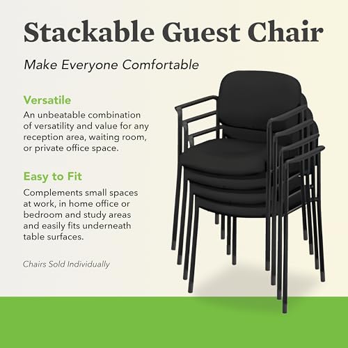 HON Scatter Guest Chair with Arms, Fabric Office Chairs, Black | Stackable desk chair no wheels for waiting rooms chairs, conference room chair, banquette seating, and office furniture - color: Black - Fabric Back - With Arms