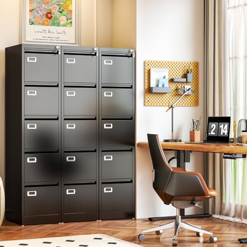 5 Drawer File Cabinet, Black Metal Filing Cabinets with Lock Name Card Holder, Metal Vertical Filing Cabinets for Home Office, Steel Storage Cabinet fits Letter/Legal/A4 Size(Assembly Required) - color: Black, size: 61.6"H x 15"W x 17.7"D
