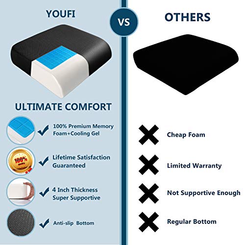 YOUFI Extra Thick Large Seat Cushion -19 X 17.5 X 4 Inch Gel Memory Foam Cushion with Carry Handle Non Slip Bottom - Pain Relief Coccyx Cushion for Wheelchair Office Chair (Black (1PACK)) - color: Black (1pack)