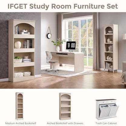 IFGET 76" Tall Arched Bookcase with 1PC Magnetic Lock Drawer, Cream | Modern Wooden Arch Bookshelf w/3 Pull-Out Drawers, Farmhouse 4 Tiers Book Shelf w/Open Shelves for Living Room, Office - color: Cream, size: With Drawers