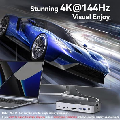 USB C Docking Station 3 Monitors Laptop USB C Dock Dual Monitor with 2 HDMI DisplayPort 4K144Hz,USB A 2.0/3.0,USBC 3.1 10Gbps&30W Output,Ethernet,microSD&SD,Audio&Mic,150W DC Power for Dell/Lenovo/HP
