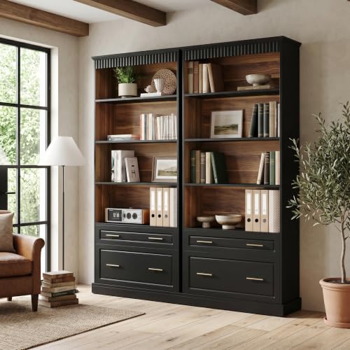 LITTLE TREE 72" Tall Black Bookcase, 5-Tier Office Bookself with File Cabinet Drawers,Modern Floor Standing Storage Filing Cabinet Book Shelf for Living Room,Bedroom(2 Piece,Black) - color: Black