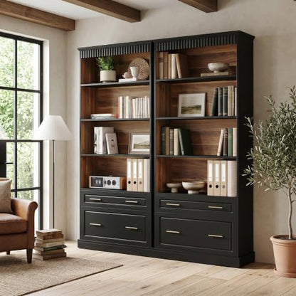 LITTLE TREE 72" Tall Black Bookcase, 5-Tier Office Bookself with File Cabinet Drawers,Modern Floor Standing Storage Filing Cabinet Book Shelf for Living Room,Bedroom(2 Piece,Black) - color: Black