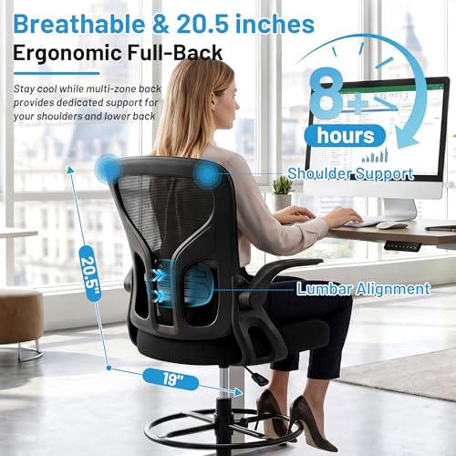 Drafting Chair for Standing Desk, Tall Office Chair with 22"-30" Seat Height &7" Lift Footrest Ring, Ergonomic Executive Mesh Computer Counter Stool with Lumbar Support &Flip-up Arms for Artist - color: Black