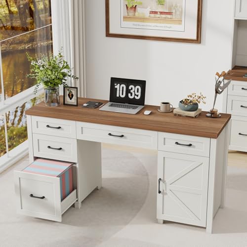 Vabches Farmhouse 61'' Rustic Office Desk with 5 Drawers(Unique White) - color: Unique White, size: 61"W