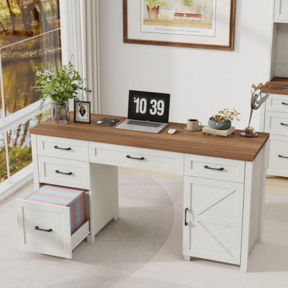Vabches Farmhouse 61'' Rustic Office Desk with 5 Drawers(Unique White) - color: Unique White, size: 61"W