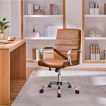 Yaheetech Retro Brown Office Chair PU Leather Rocking Desk Seat with Arms | Foam-padded channel-stitched PU leather back supports desk hours; chrome frame rocks, adjusts in height, rolls on casters. - color: Retro Brown