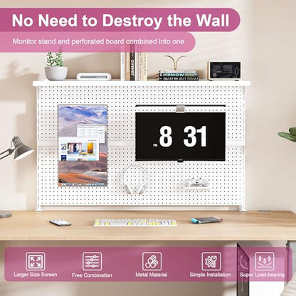 Clamp-On Metal Desk Pegboard with Dual Monitor Stand–No Drilling Needed! 59x35 Inch Steel Privacy Panel with Hooks & Movable Partition, Peg Board Wall Organizer for Gaming & Office - color: White