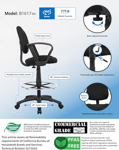 Boss Office Products Ergonomic Works Drafting Chair with Loop Arms in Black, Mid-Back - color: Black, style: Loop Arms