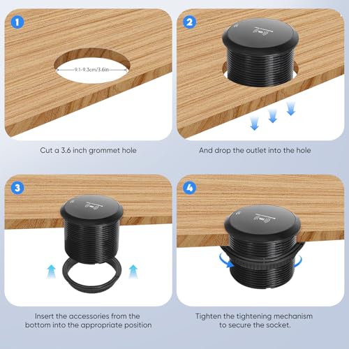 Desk Power Strip with 15W Wireless Charger, PD 20W USB-A, QC 3.0 USB-C Fast Charging Embedded Power Outlet, Recessed Power Outlet with AC outlets and 6FT Cord - color: black