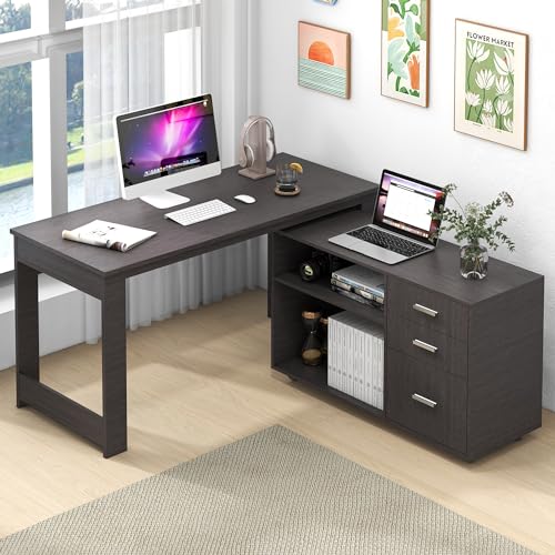 MU 55inch L Shaped Desk, Corner Computer Desk with 3 Drawers and 2 Shelves, Writing Office Table with Storage File Cabinet, Large Executive Desk with Wheels for Home Office, Bedroom (Grey) - color: Grey